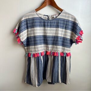 Boho Top Andree Sz L Blue & White Stripes Tassels